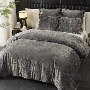Silver Gray 5pcs Soft Crushed Velvet Grey Comforter and Shams Set King Size Bed